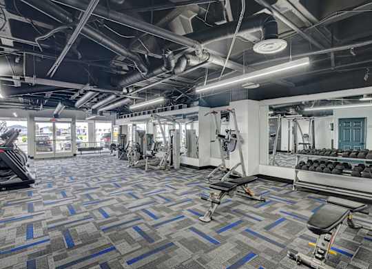 A gym with a variety of equipment including treadmills, weights, and exercise machines.