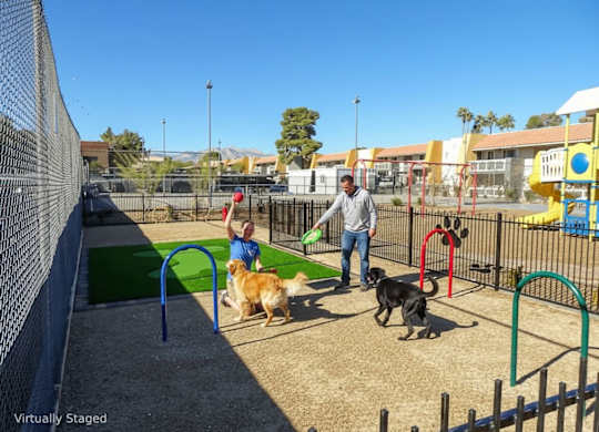 A man is playing with two dogs in a play area.