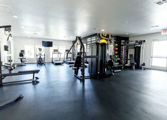 A gym with a variety of equipment including a squat rack, bench press, and a rowing machine.