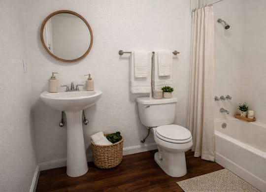 A white bathroom with a toilet, sink, and bathtub.