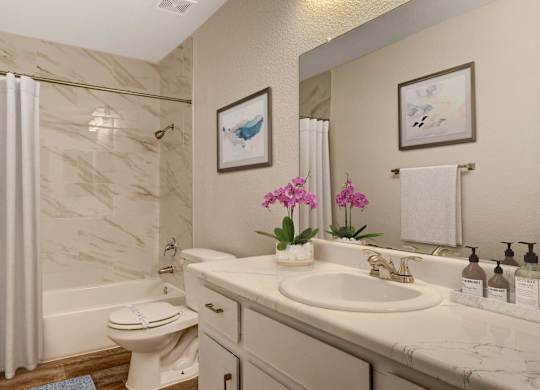 A bathroom with a toilet, sink, and a mirror.