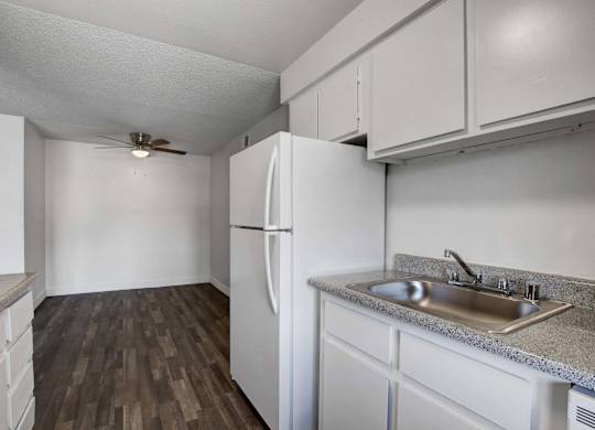 A kitchen with a white refrigerator and a sink.