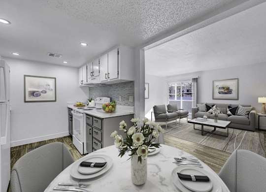 A modern dining room with a table set for two.