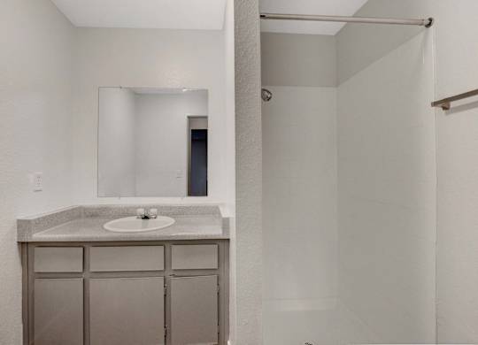 A bathroom with a sink, mirror, and shower.