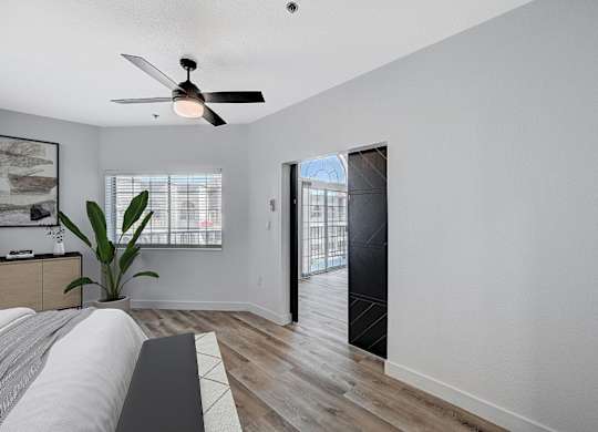 A room with a ceiling fan and a plant on the bed.