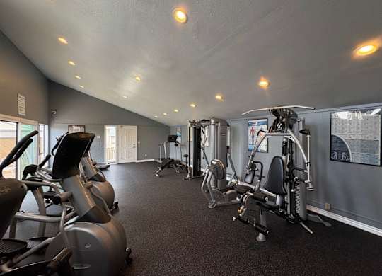 A gym with treadmills, elliptical machines, and other exercise equipment.