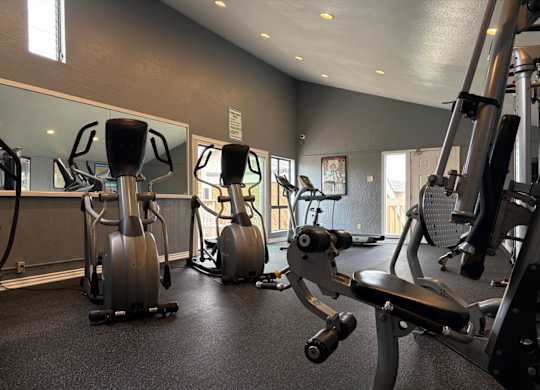 A gym with a row of exercise bikes and a row of weight machines.