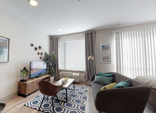 A living room with a brown chair and a blue and white rug.