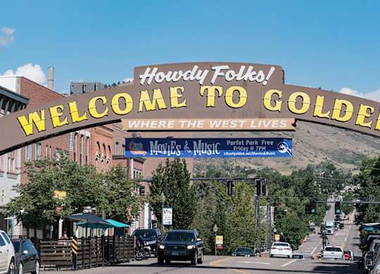 A sign welcoming people to Golden, where the west lives.
