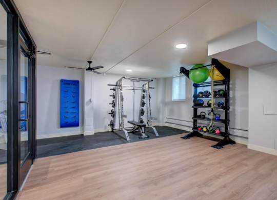 A gym room with a variety of equipment including a squat rack, bench, and a wall-mounted rack with multiple resistance bands.