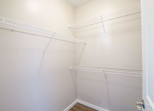 A white closet with shelves and a door.