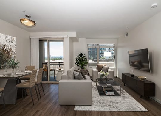 A modern living room with a grey sofa, a coffee table, and a television.