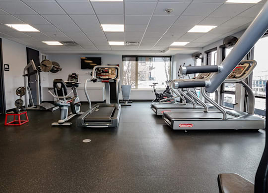 A gym with treadmills, elliptical machines, and other exercise equipment.