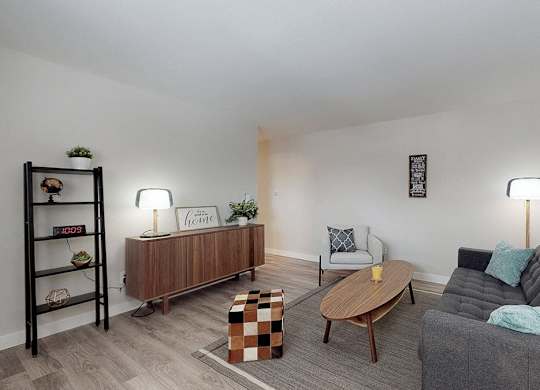 A living room with a grey couch, a wooden coffee table, and a wooden shelf with decorative items.