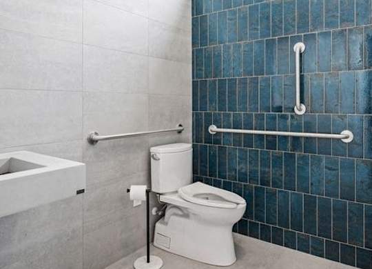 A white toilet with a white grab bar in a bathroom.