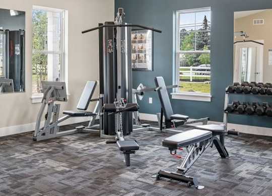 A gym with a variety of equipment including weights and weight machines.