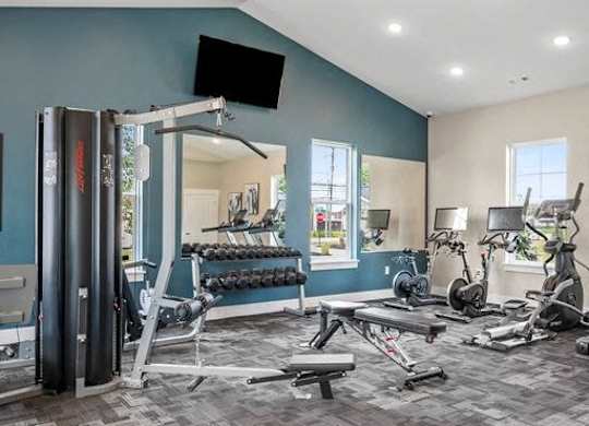 A well-equipped gym with a variety of exercise machines and weights.