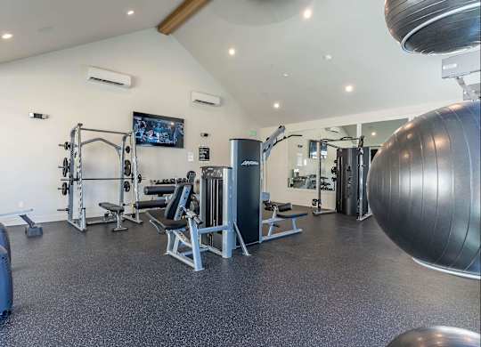 A spacious gym with a variety of equipment including a squat rack, bench, and a large exercise ball at Westgate Apartment Homes, Pendleton