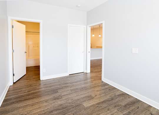 A room with white walls and wooden flooring with two open doors.