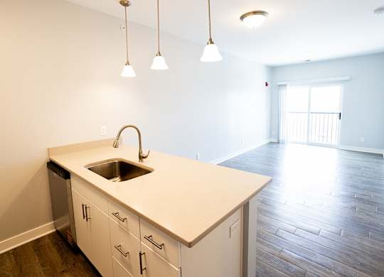 A kitchen with a sink and cabinets.