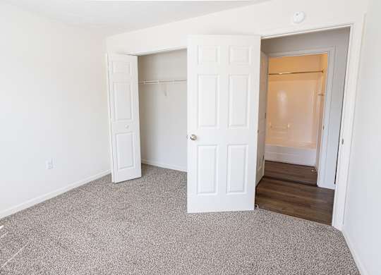 A room with a carpeted floor and two white doors.