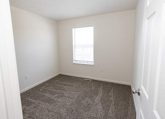 A room with a carpeted floor and a window.