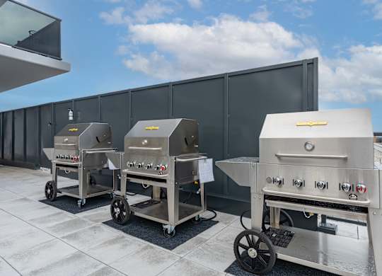 Three industrial ovens are lined up on a patio at Damask, Windsor, N8S 0B7