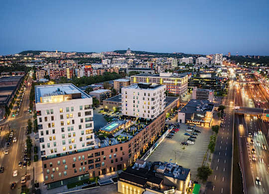 Cityscape at dusk at Lynk De la Savane Apartments, Québec