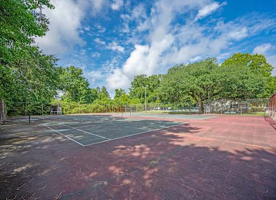 A tennis court surrounded by trees on a sunny day at Sawbranch Apartments, South Carolina