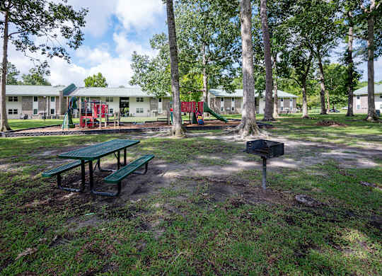 A green picnic table sits in a grassy area in front of a playground and a building at Sawbranch Apartments, South Carolina, 29485