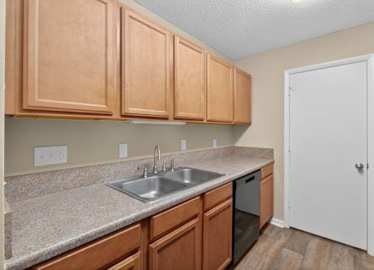 A kitchen with wooden cabinets and a white door at Sawbranch Apartments, South Carolina