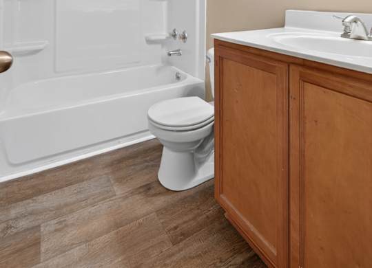 A white toilet sits next to a sink in a bathroom at Sawbranch Apartments, Summerville, SC