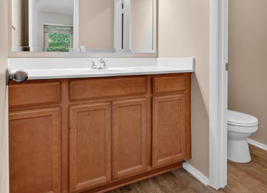 A bathroom with a white countertop and a wooden cabinet at Sawbranch Apartments, Summerville, South Carolina