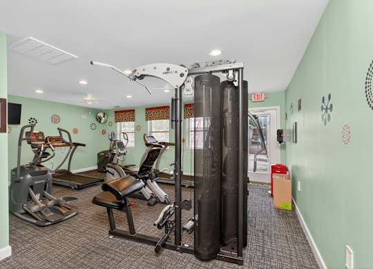 A gym with a variety of equipment including treadmills, weights, and a squat rack at Woodlocke Apartments, Moncks Corner, SC