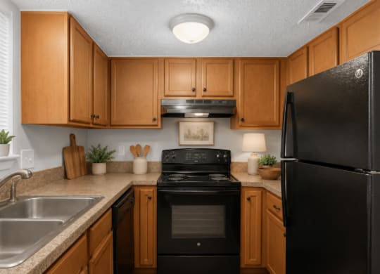 A black refrigerator stands in a kitchen with wooden cabinets and a black stove.