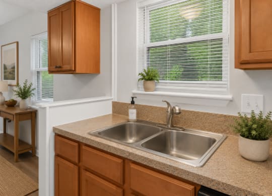 A kitchen with a sink and brown cabinets.