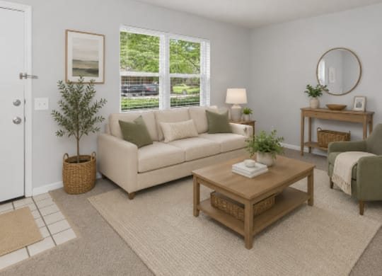 A living room with a white couch, a coffee table, and a mirror on the wall.