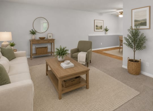 A living room with a white couch, a wooden coffee table, and a green plant.