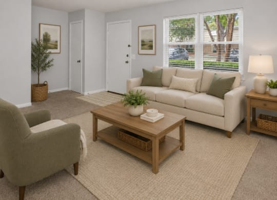 A living room with a couch, chair, and coffee table.