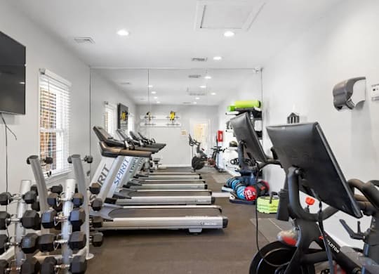 A gym with treadmills, dumbbells, and exercise bikes at The Preserve at Pine Valley Apartments, Wilmington, North Carolina
