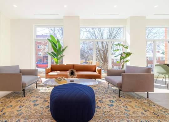 A living room with a blue ottoman in the middle of a rug.at The Vale at the Parks, Washington, DC  