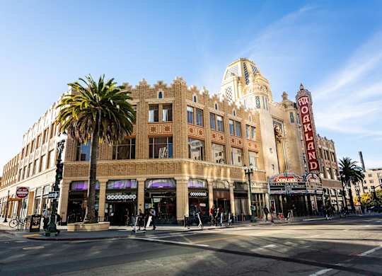 A street view of a building with a palm tree in front of it.at Channel House, California, 94607