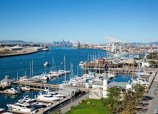 A marina with boats and a city skyline in the background.at Channel House, Oakland, CA 94607