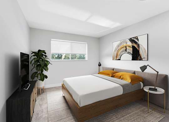 A modern bedroom with a large bed and a flat screen TV. at The Lex At Lowry, Denver, CO, 80224