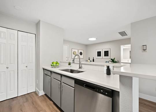 A modern kitchen with a stainless steel dishwasher and white countertops. at The Lex At Lowry, Denver, Colorado
