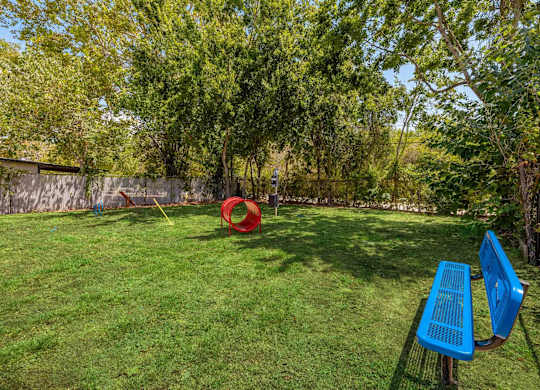 A red and blue picnic table sits in a grassy yard.