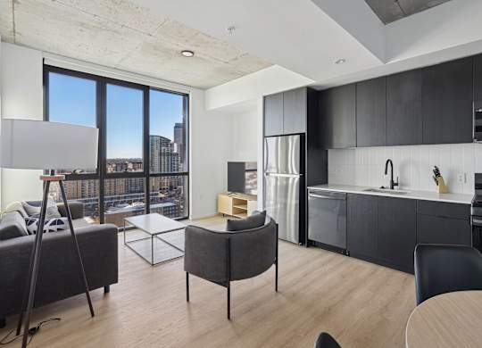 Kitchen with black cabinets at Velaris Living Apartments, Denver, CO