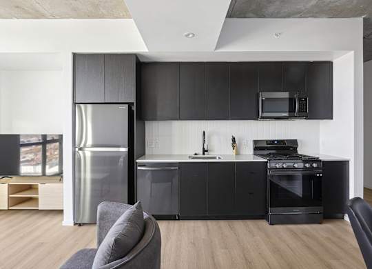 Kitchen with black cabinetry at Velaris Living Apartments, Denver, 80205