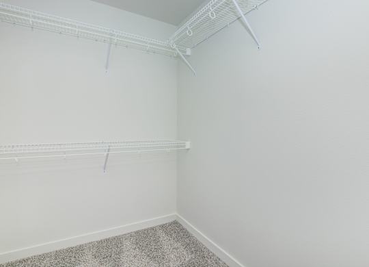 A white wall with a white shelf and a grey carpet.