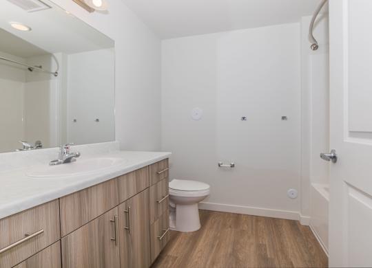 A white bathroom with wooden floors and a white toilet.